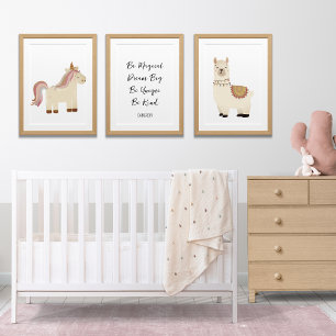 Llama Unicorn Boho Nursery Art, Custom Text Name