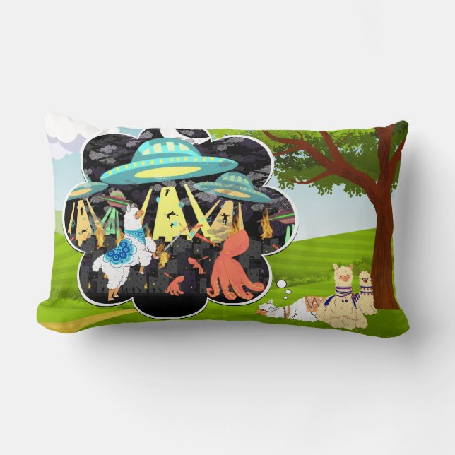 Llama vs Evil Squid Epic Space Battle Lumbar Cushion (Front)