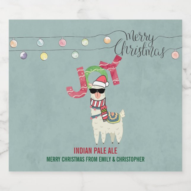 Llama wearing a Santa Hat and Sunglasses Joy Beer Bottle Label (Single Label)