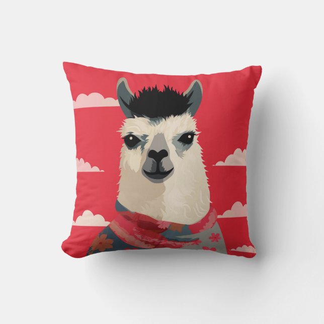 Llama Wearing Floral Scarf Under Red Sky Cushion (Front)