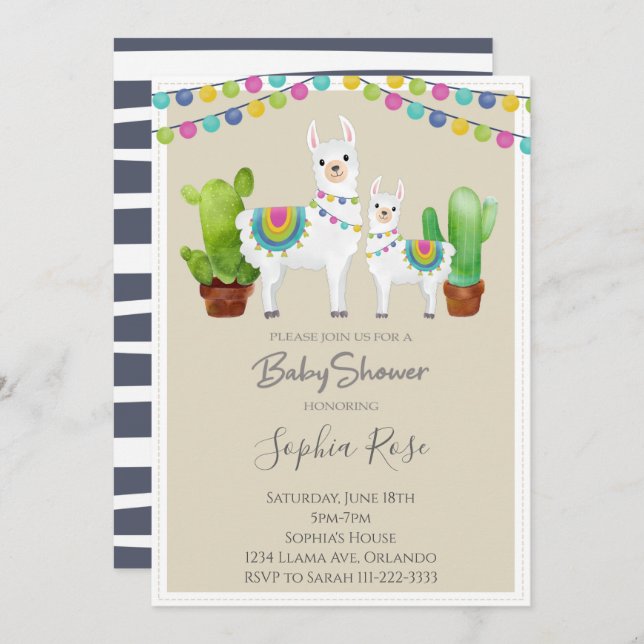 Llama With Cactus Baby Shower Invite (Front/Back)