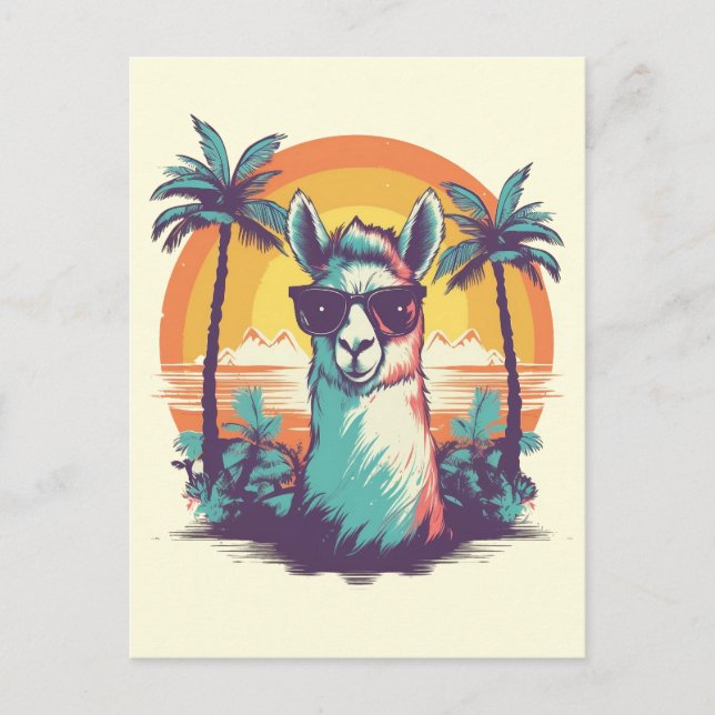 Llama with sunglasses at the beach with palms holiday postcard (Front)