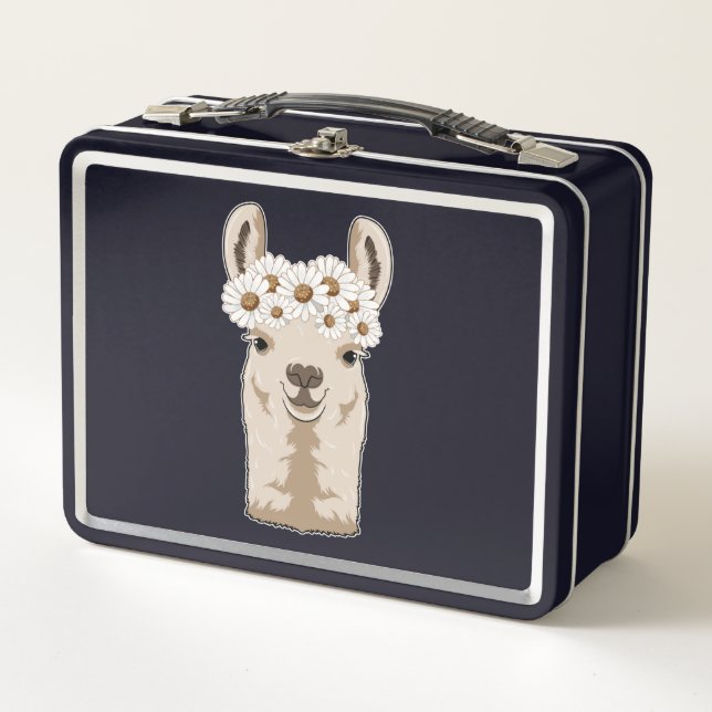 Llama with white Blossoms Metal Lunch Box (Front)