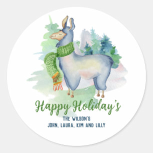 Llama Wreath Watercolor Happy Holidays Custom  Classic Round Sticker