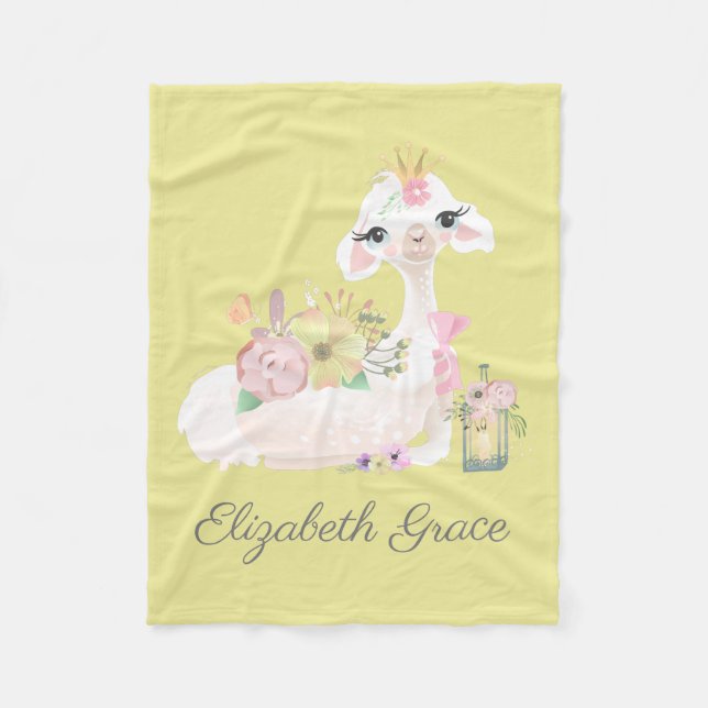 Llama Yellow and White with Flowers Baby Blanket (Front)