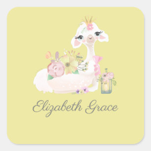 Llama Yellow and White with Flowers Baby Square Sticker