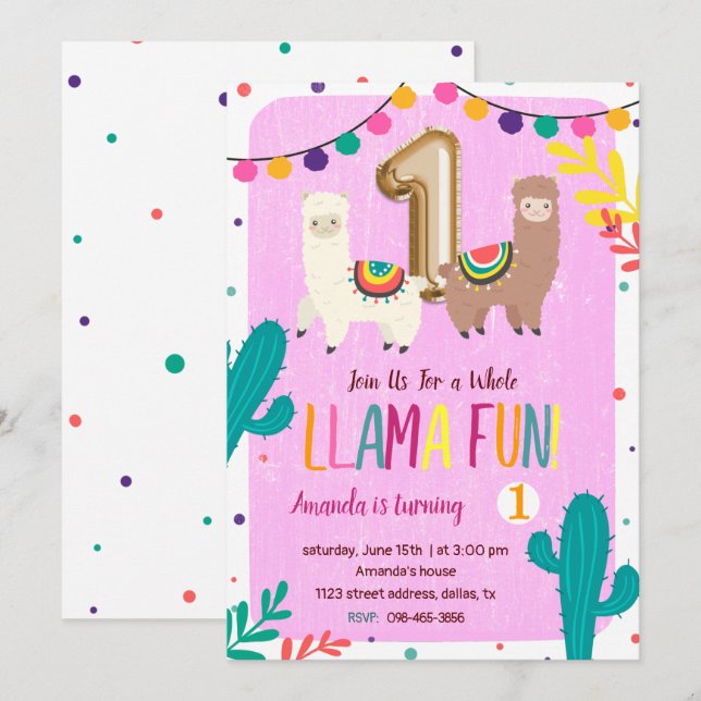 Llamas 1st Birthday Invitation (Front/Back)