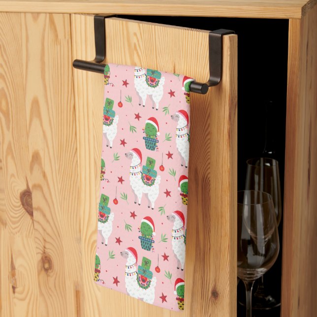 Llamas and Cacti Christmas Pattern Tea Towel (Thirds Fold)