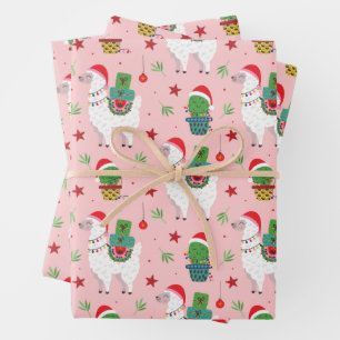 Llamas and Cacti Christmas Pattern Wrapping Paper Sheet