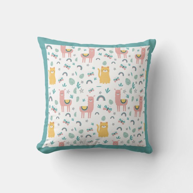 Llamas Cats Alapaca Green Animals Boho Cushion (Front)