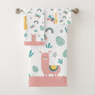 Llamas Cats Alapaca Pink Trim Animals Boho Girly Bath Towel Set