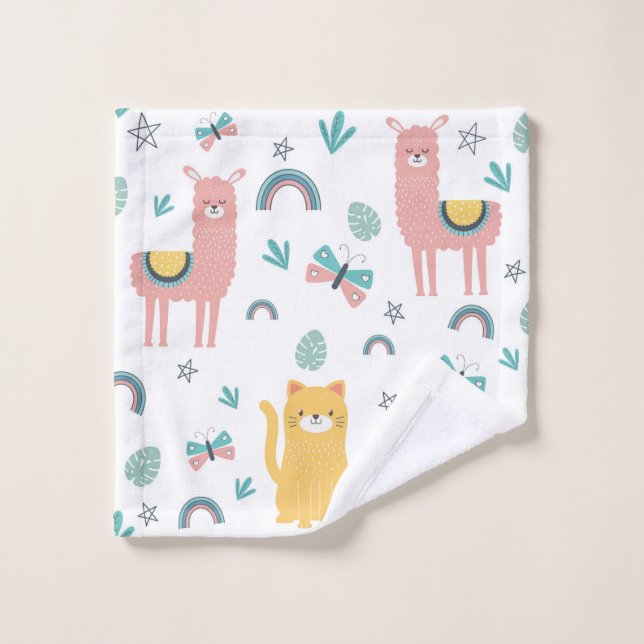 Llamas Cats Alapaca Pink Trim Animals Boho Wash Cloth (Wash Cloth)