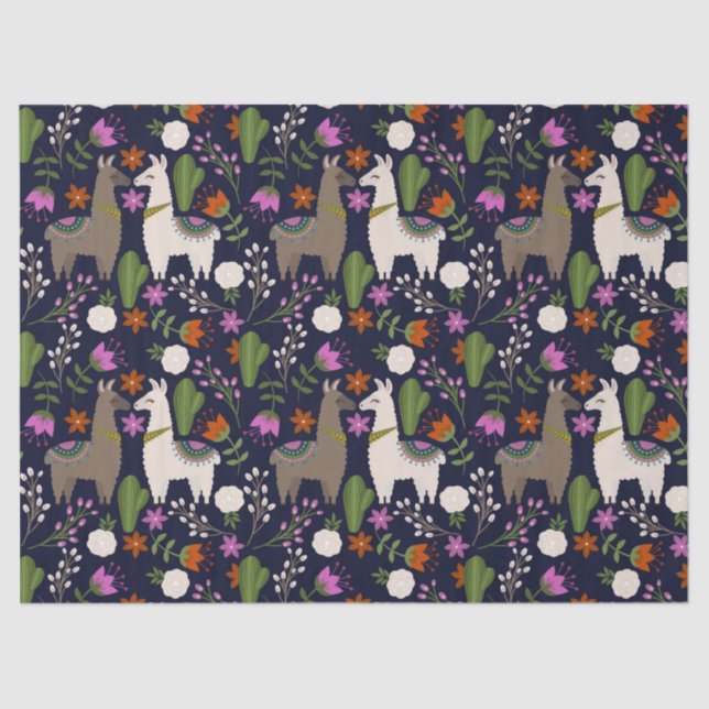 Llamas, Flowers and Cactus on Navy Decoupage Tissue Paper (Front)
