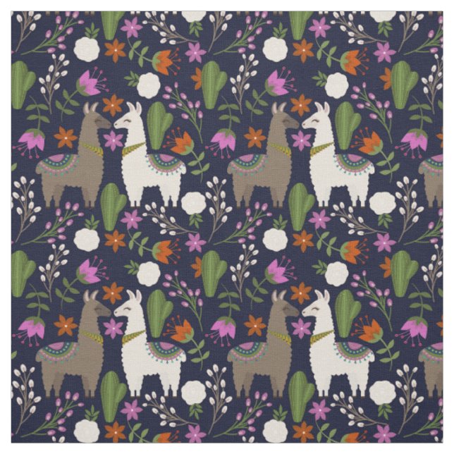 Llamas, Flowers and Cactus on Navy Fabric (Swatch)