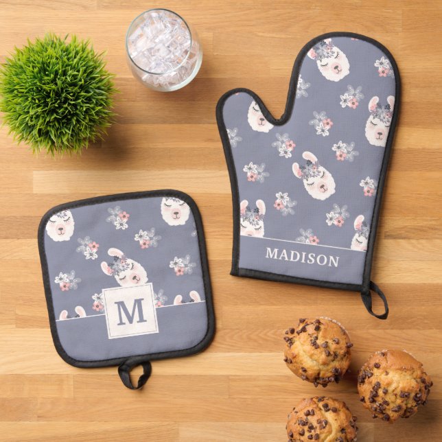 Llamas & Flowers Pattern Oven Mitt & Pot Holder Set (Top Down)