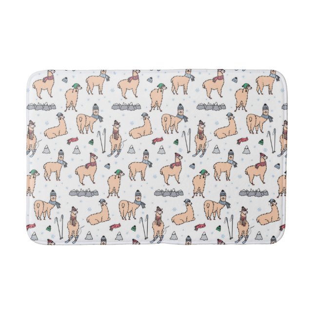 Llamas In Hats & Scarves Skiing Pattern Bath Mat (Front)