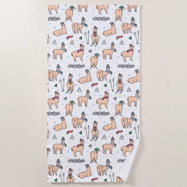 Llamas In Hats & Scarves Skiing Pattern Beach Towel (Front)