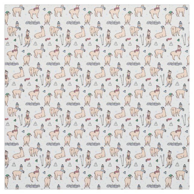 Llamas In Hats & Scarves Skiing Pattern Fabric (Swatch)