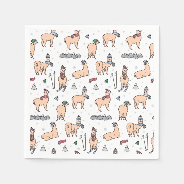 Llamas In Hats & Scarves Skiing Pattern Napkin (Front)
