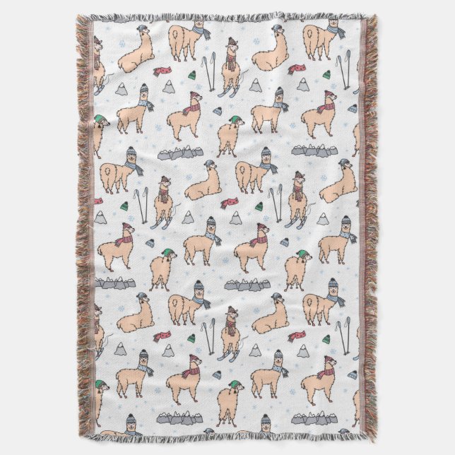 Llamas In Hats & Scarves Skiing Pattern Throw Blanket (Front Vertical)