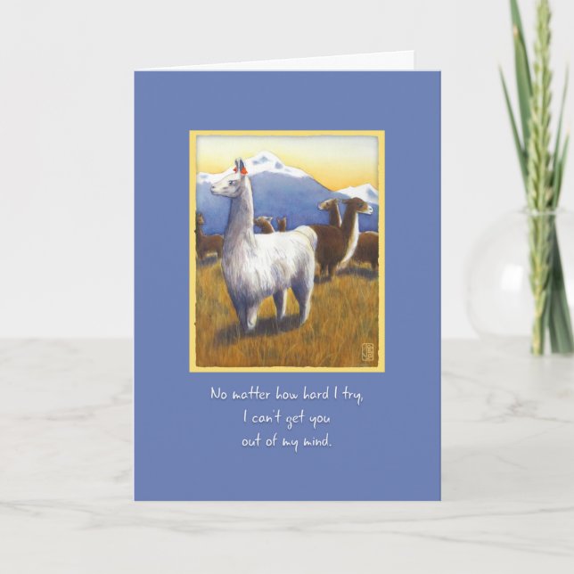 Llamas on Blue Romantic Thinking of You Card (Front)