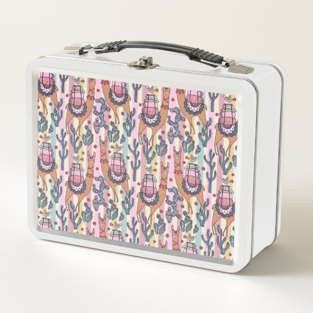 Llamas On Stripes Pattern Metal Lunch Box (Front)