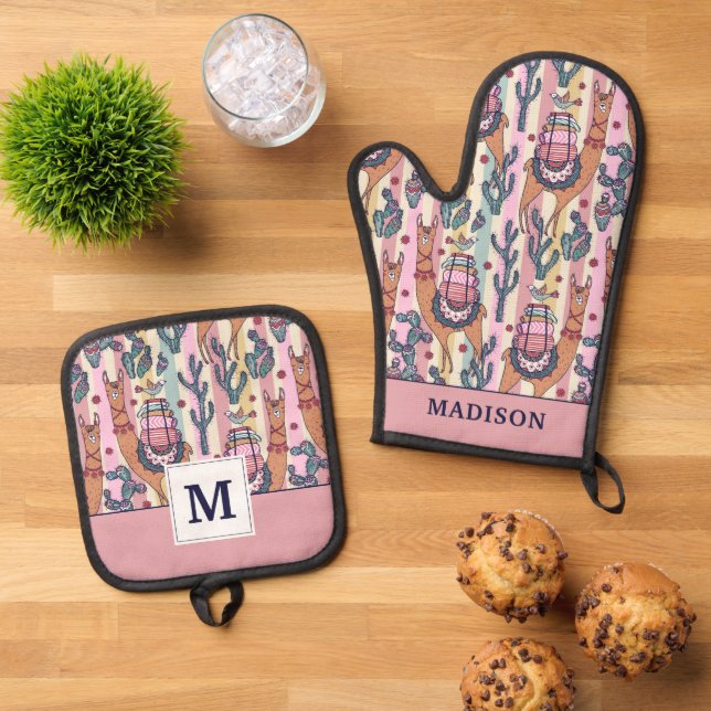 Llamas On Stripes Pattern Oven Mitt & Pot Holder Set (Top Down)