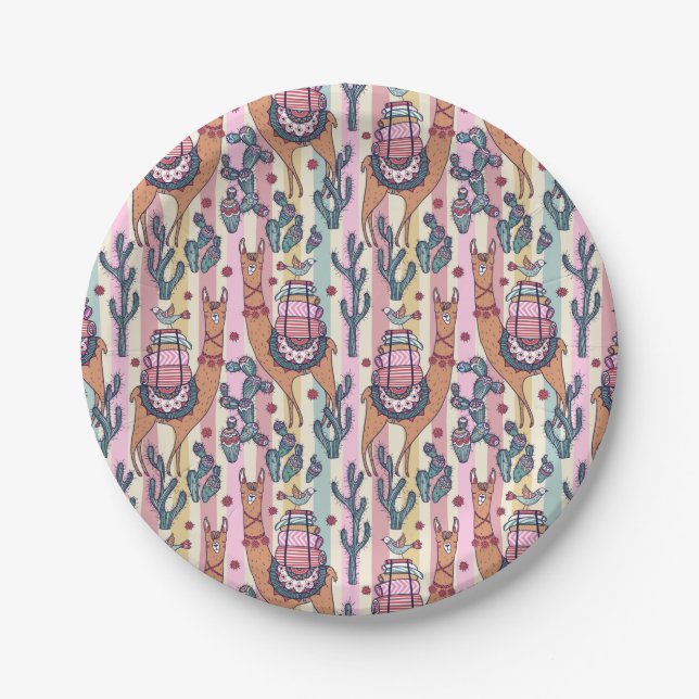 Llamas On Stripes Pattern Paper Plate (Front)