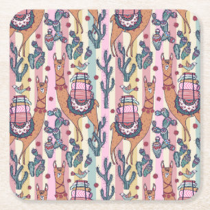 Llamas On Stripes Pattern Square Paper Coaster