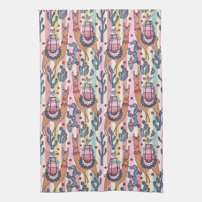 Llamas On Stripes Pattern Tea Towel (Vertical)