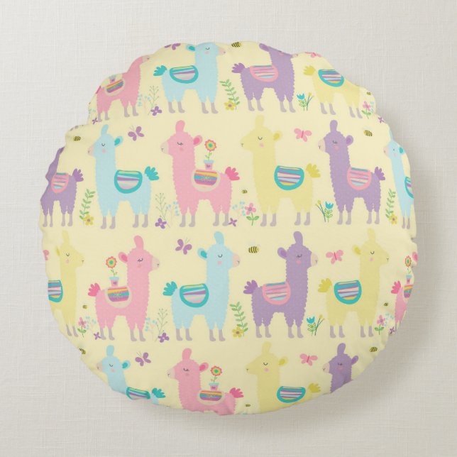 Llamas Pink Yellow Purple Cute Adorable Nursery   Round Cushion (Front)