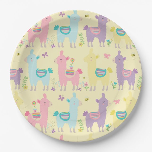 Llamas Pink, Yellow Purple Cute Adorable Paper Plate (Front)