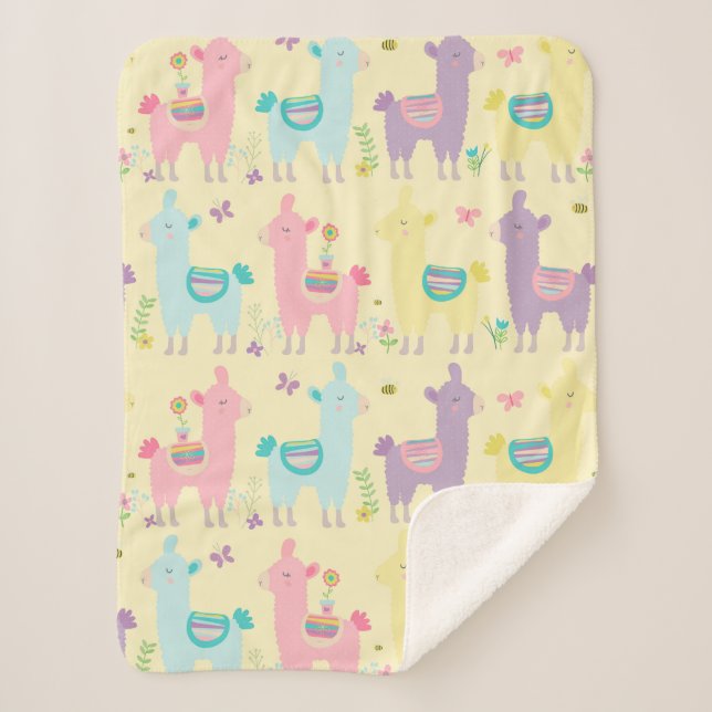Llamas Pink, Yellow Purple Cute Adorable Sherpa Blanket (Front)