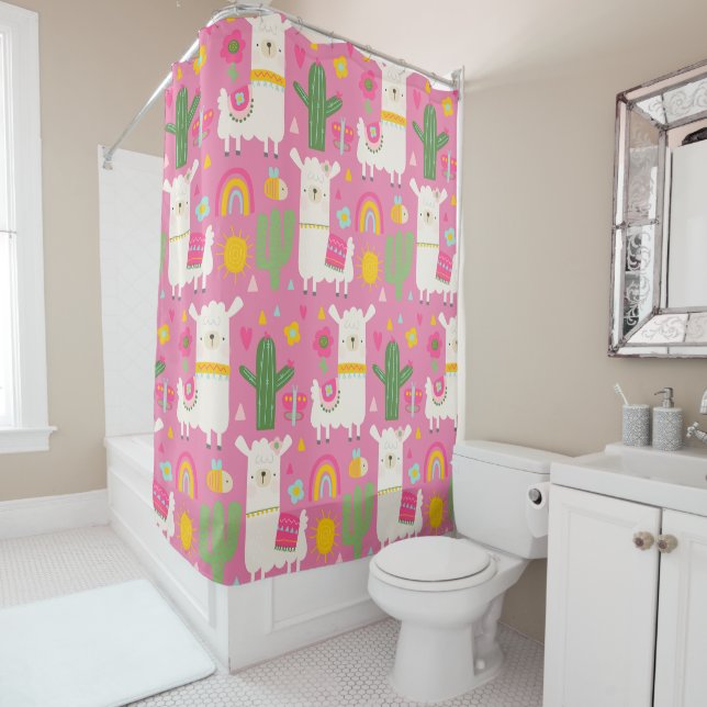 Llamas Rainbows Green Cactus Light Girly Pink Cute Shower Curtain (In Situ)