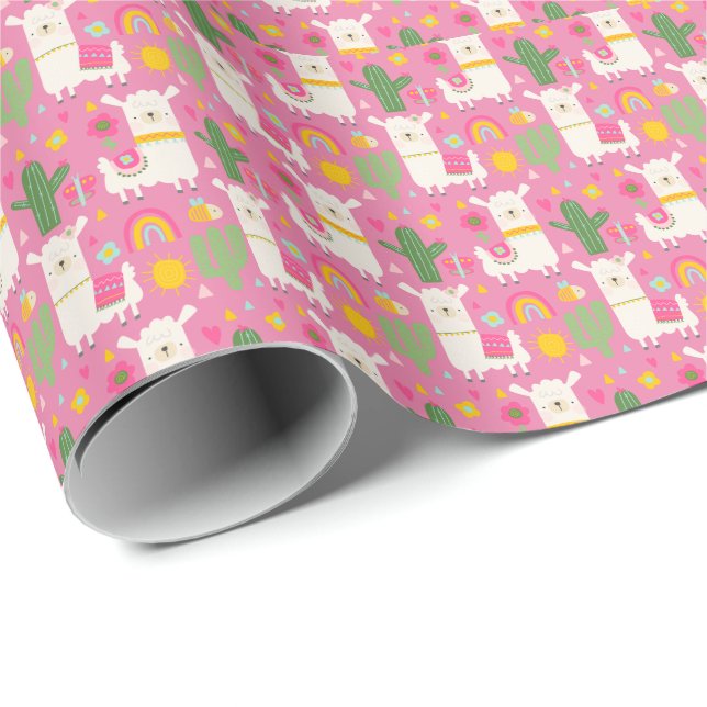 Llamas Rainbows Green Cactus Light Girly Pink Cute Wrapping Paper (Roll Corner)