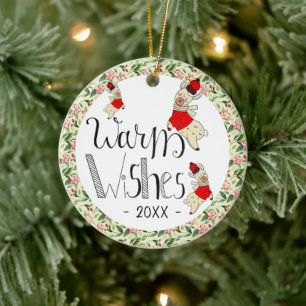 Llamas Warm Wishes typography Christmas Ceramic Tree Decoration