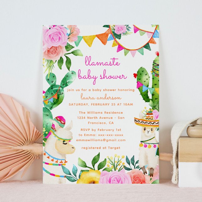 Llamaste Yoga Llama Mexican Colourful Baby Shower Invitation (llamaste colorful baby shower with llamas, cacti and flowers)