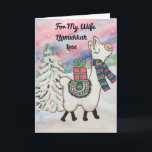 Llamukkah For My Wife Happy Hanukkah Holiday Card<br><div class="desc">Give a special Hanukkah greeting with a "Llamukkah Love" holiday card for your wife. The design was created from my watercolour painting showing a sassy and cute llama prancing across the winter snow accented with blue, green and pink colors. The card is whimsical and stylish, perfect for a modern and...</div>