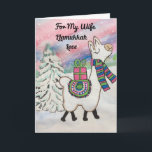 Llamukkah For My Wife Happy Hanukkah Holiday Card<br><div class="desc">Give a special Hanukkah greeting with a "Llamukkah Love" holiday card for your wife. The design was created from my watercolor painting showing a sassy and cute llama prancing across the winter snow accented with blue, green and pink colors. The card is whimsical and stylish, perfect for a modern and...</div>