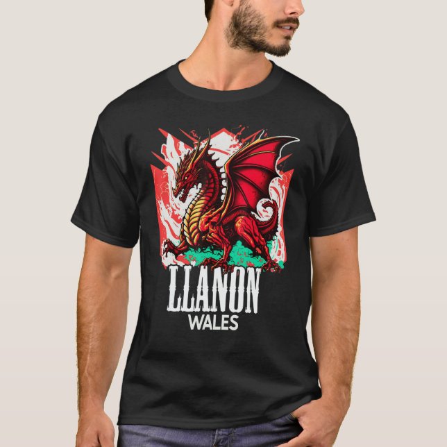 Llanon Wales Welsh Flag Y Ddraig Goch Dragon T-Shirt (Front)