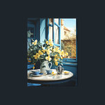 lluminating Elegance: Art Deco Still Life  Canvas Print<br><div class="desc">Immerse yourself in the world of Art Deco with this captivating art print. Delight in the serene beauty of a still life, where a vibrant bouquet of yellow flowers takes centre stage against the backdrop of an open kitchen window. New to the scene are delicate blue porcelain cups and a...</div>