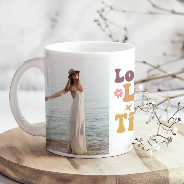 "Lo Bueno Lleva su Tiempo" Custom Photos Quote Coffee Mug ("Lo Bueno Lleva su Tiempo" Custom Photos Quote Coffee Mug on a boho wooden kitchen table.)