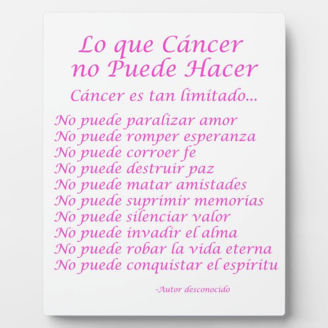 Lo que Cancer no Puede Hacer Poem Plaque (Front)