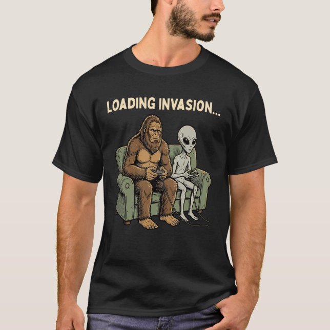 Loading Invasion Sasquatch Bigfoot Alien Playing V T-Shirt (Front)