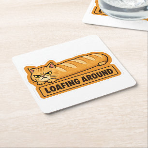 Loafing Around Funny Cat Bread Square Paper Coaster