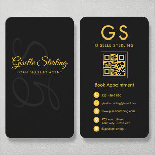 Loan Signing Agent Monogram Black Gold QR Code Business Card
