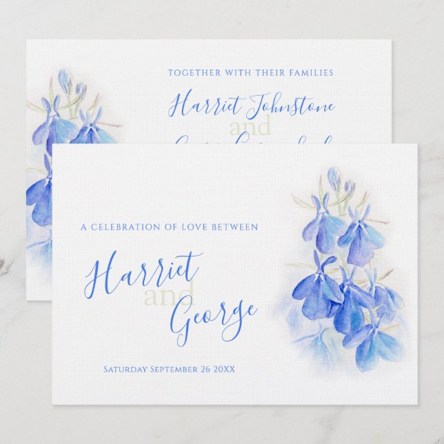 Lobelia blue floral wedding invitations (Front/Back)