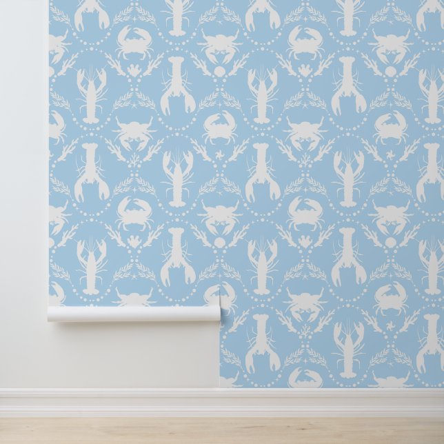 Lobster and Crab in Cornflower Blue and White Wallpaper (Application)