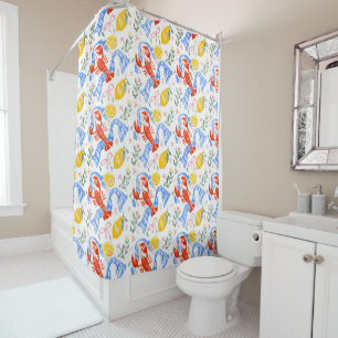 Lobster and Lemon Italian Summer Gingham Pattern Shower Curtain