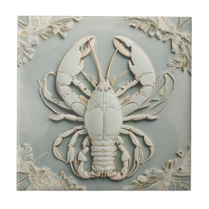Lobster Art Nouveau Faux Relief Mint Pastel Tile
